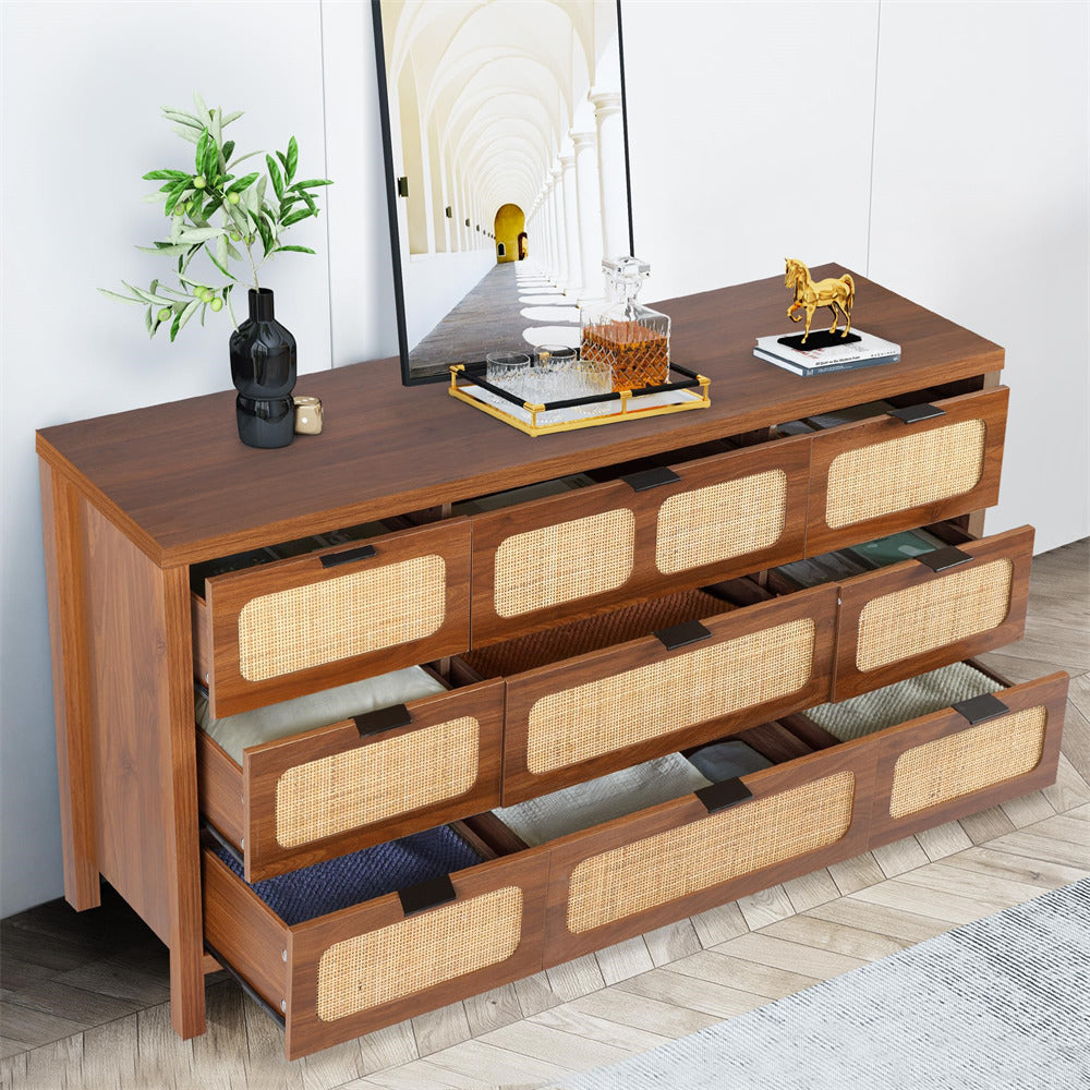 Rattan Dresser Large Long Wooden Storage Cabinet Walnut with 9 Drawers