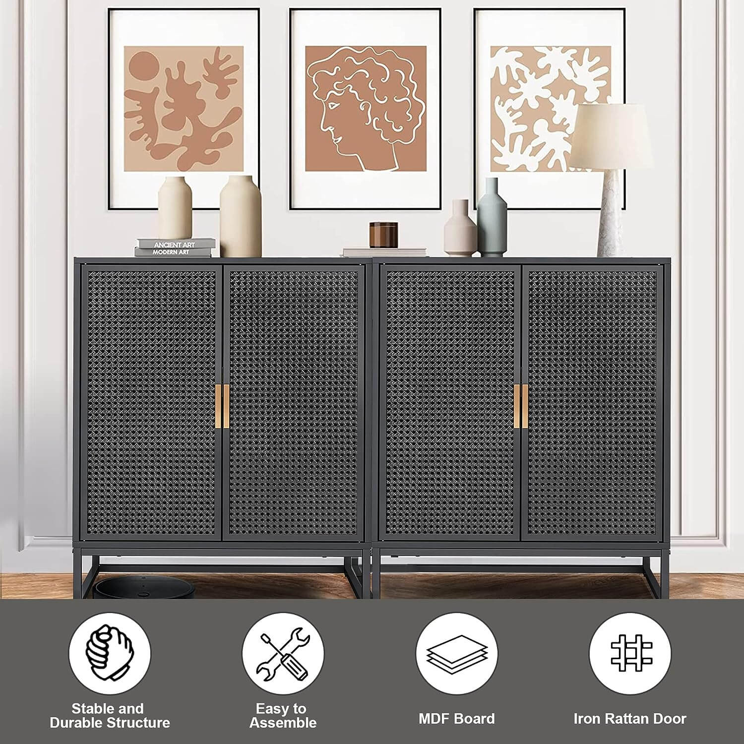 Sideboard Buffet Cabinet with Rattan Doors and Adjustable Shelves