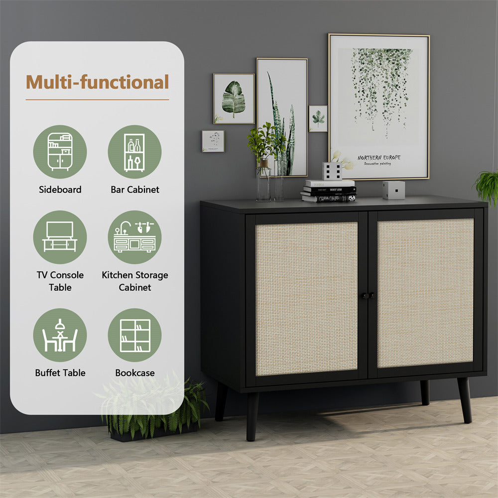 Rattan Sideboard Buffet Cabinet Black