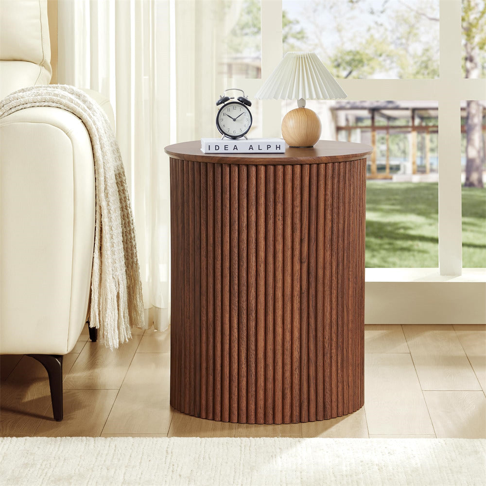 Wooden side table with decorative items in a living room setting