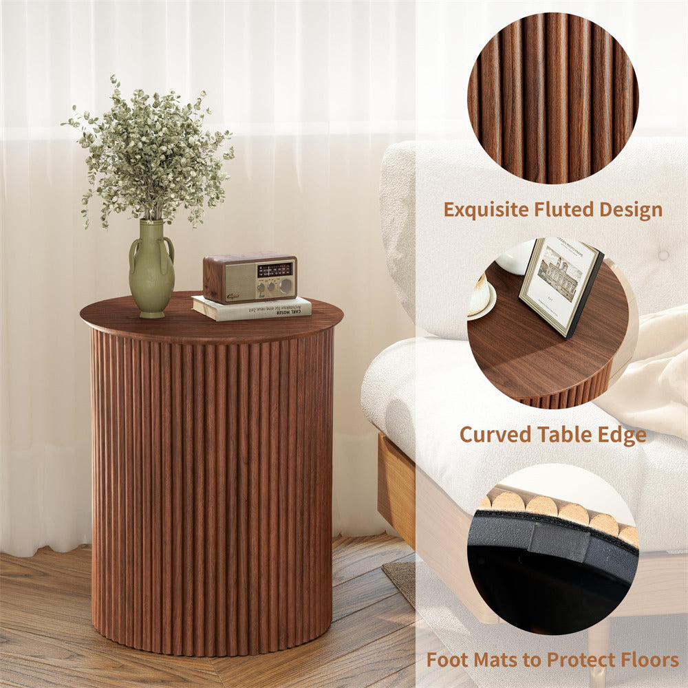 Wooden side table with decorative items in a room setting, highlighting design features.