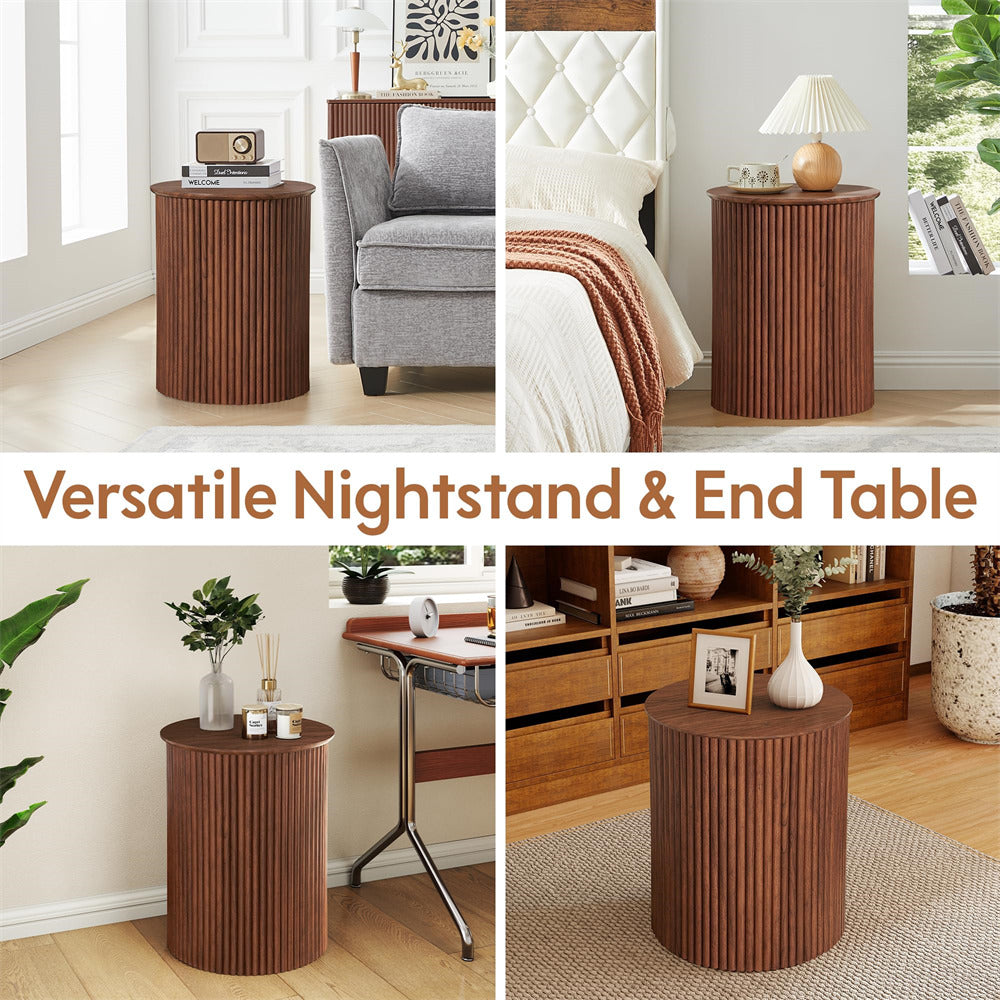Collage of a brown nightstand and end table in various room settings.