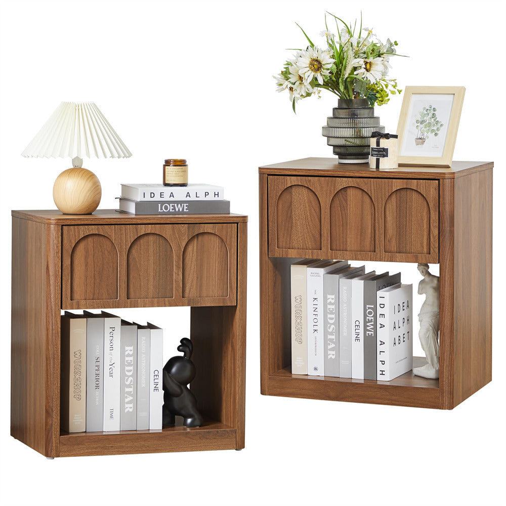 Walnut 19.69" Modern Nightstand Set of 2 Bedside Table with Arched Finish and Curved Profile