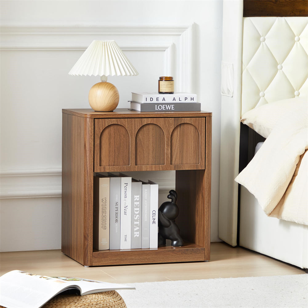 Walnut 19.69" Modern Nightstand Set of 2 Bedside Table with Arched Finish and Curved Profile