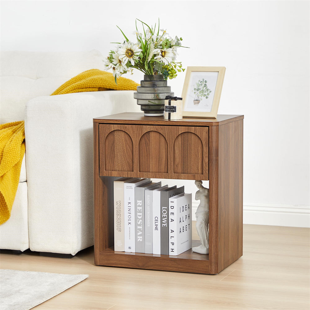 Walnut 19.69" Modern Nightstand Set of 2 Bedside Table with Arched Finish and Curved Profile
