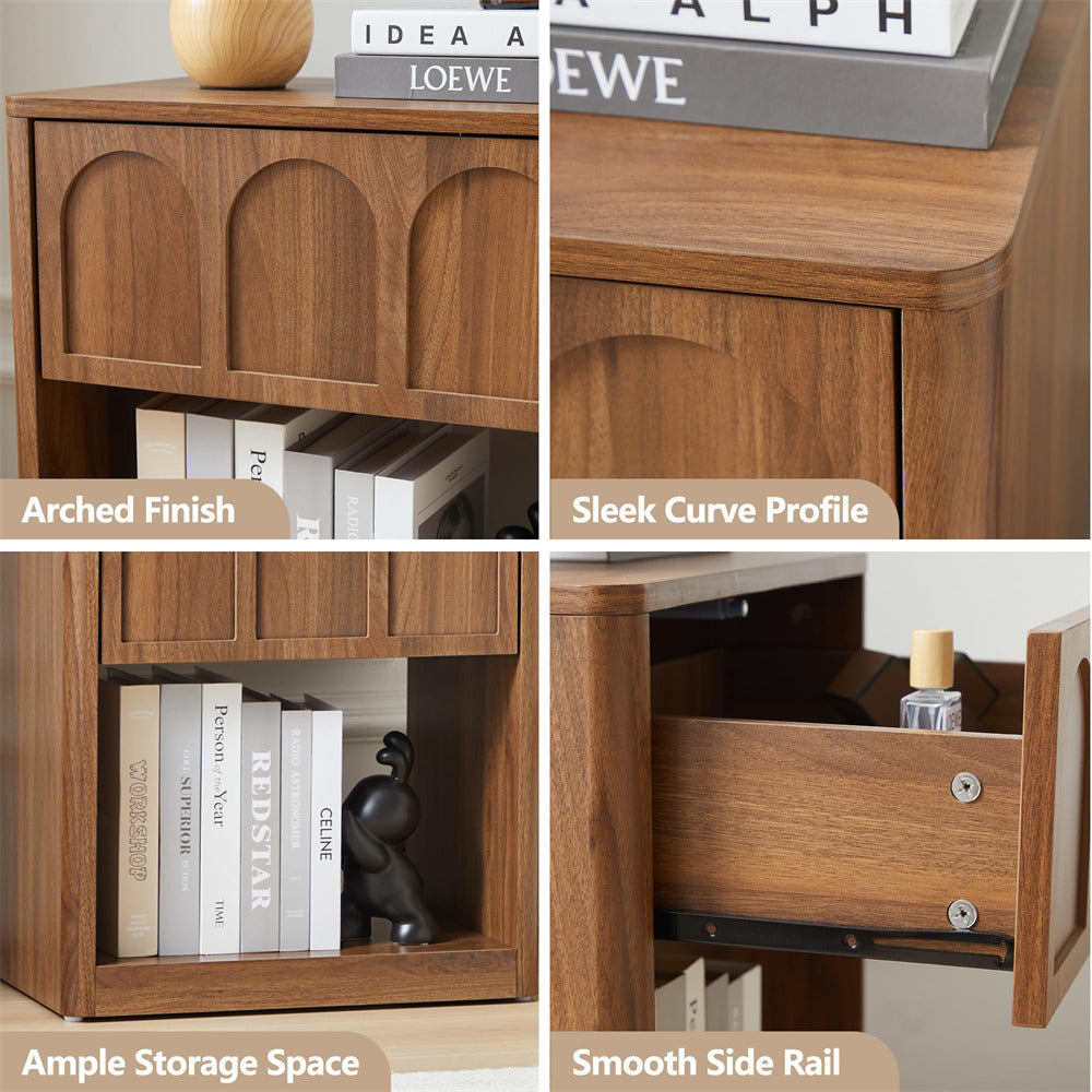Walnut 19.69" Modern Nightstand Set of 2 Bedside Table with Arched Finish and Curved Profile