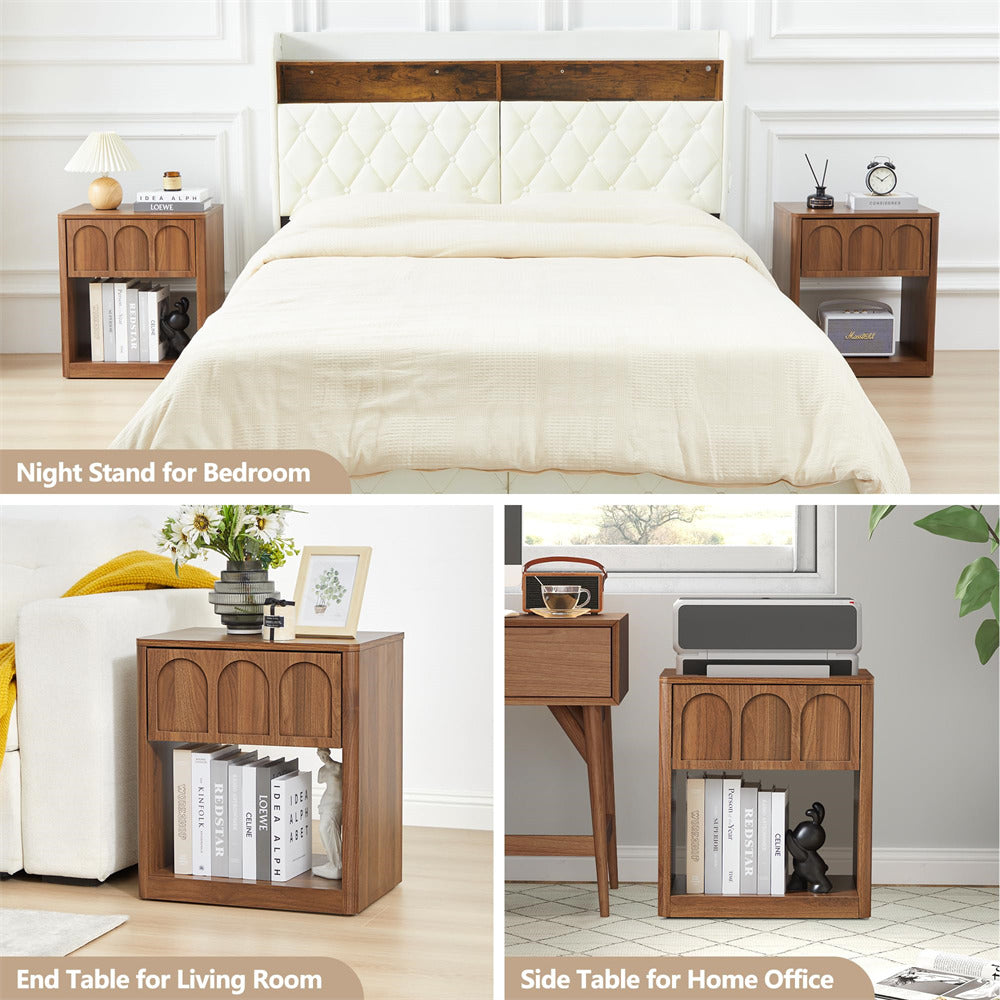 Walnut 19.69" Modern Nightstand Set of 2 Bedside Table with Arched Finish and Curved Profile