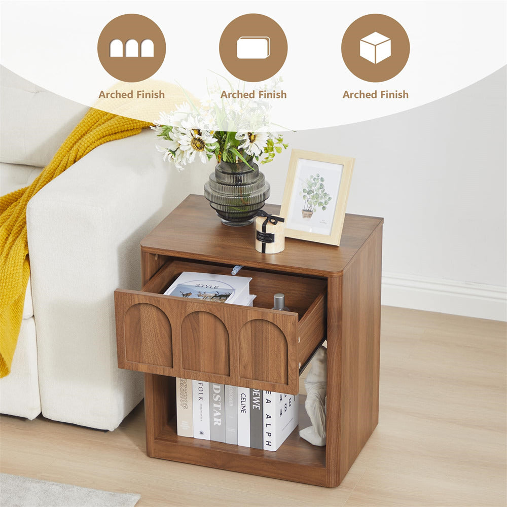 Walnut 19.69" Modern Nightstand Set of 2 Bedside Table with Arched Finish and Curved Profile