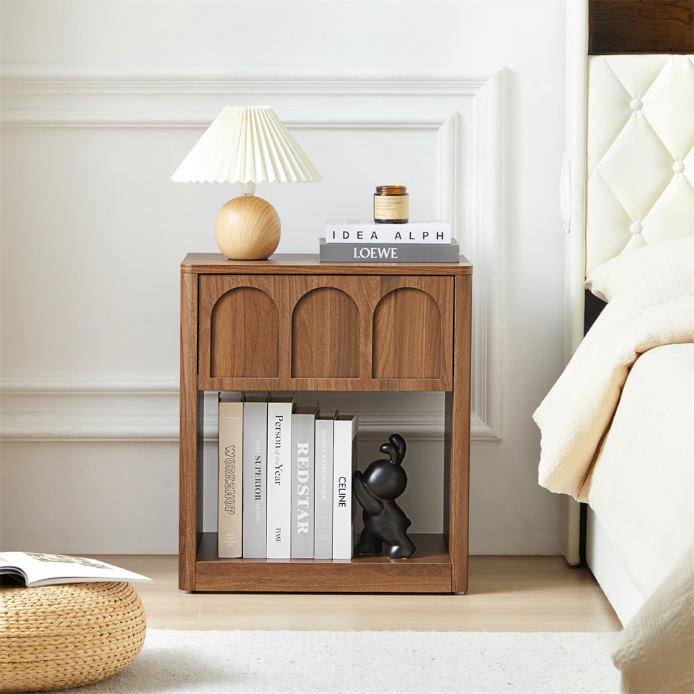 Walnut 19.69" Modern Wood Nightstand Bedside Table With Arched Finish and Curved Profile