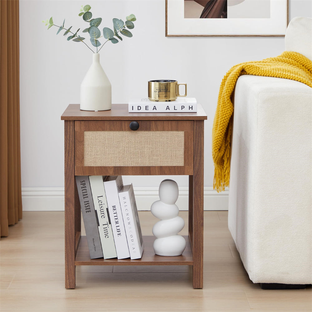 Walnut 21.65" H Modern Wood Nightstand End Table with Flax Finish and Drawer