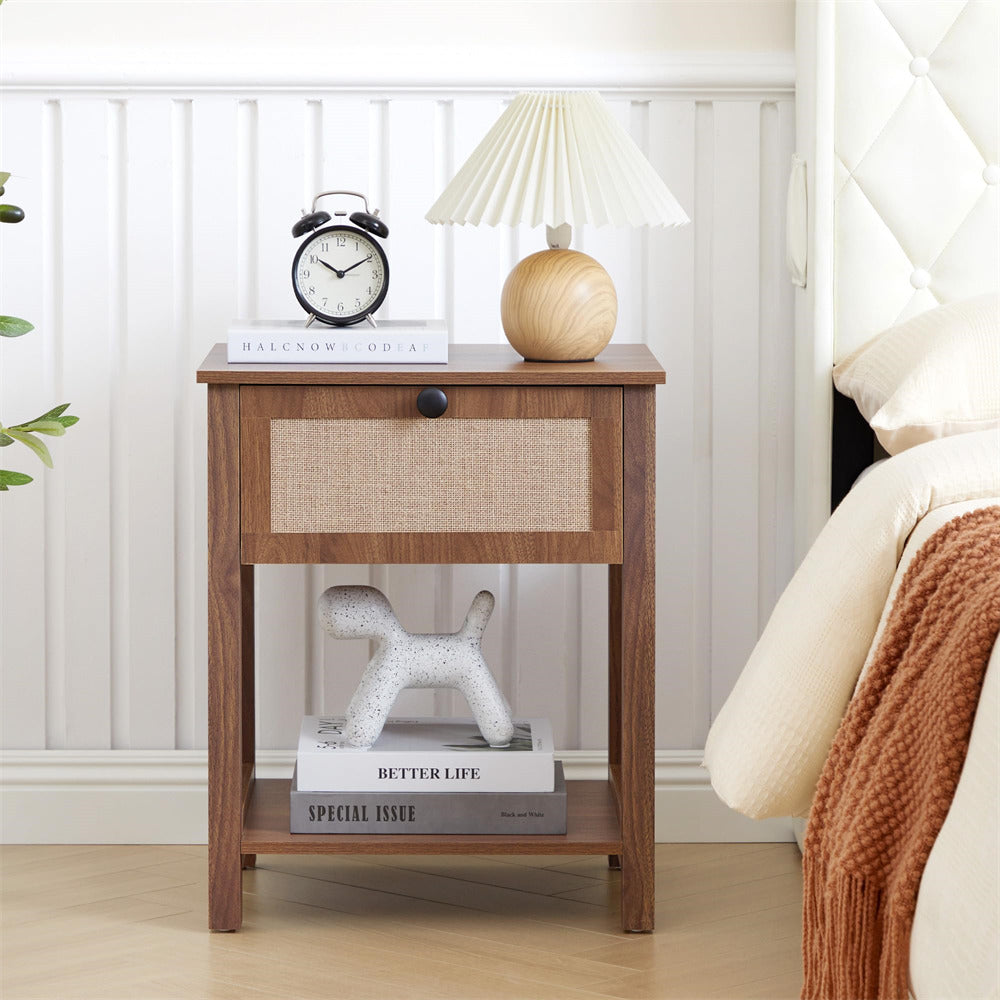Walnut 21.65" H Modern Wood Nightstand End Table with Flax Finish and Drawer