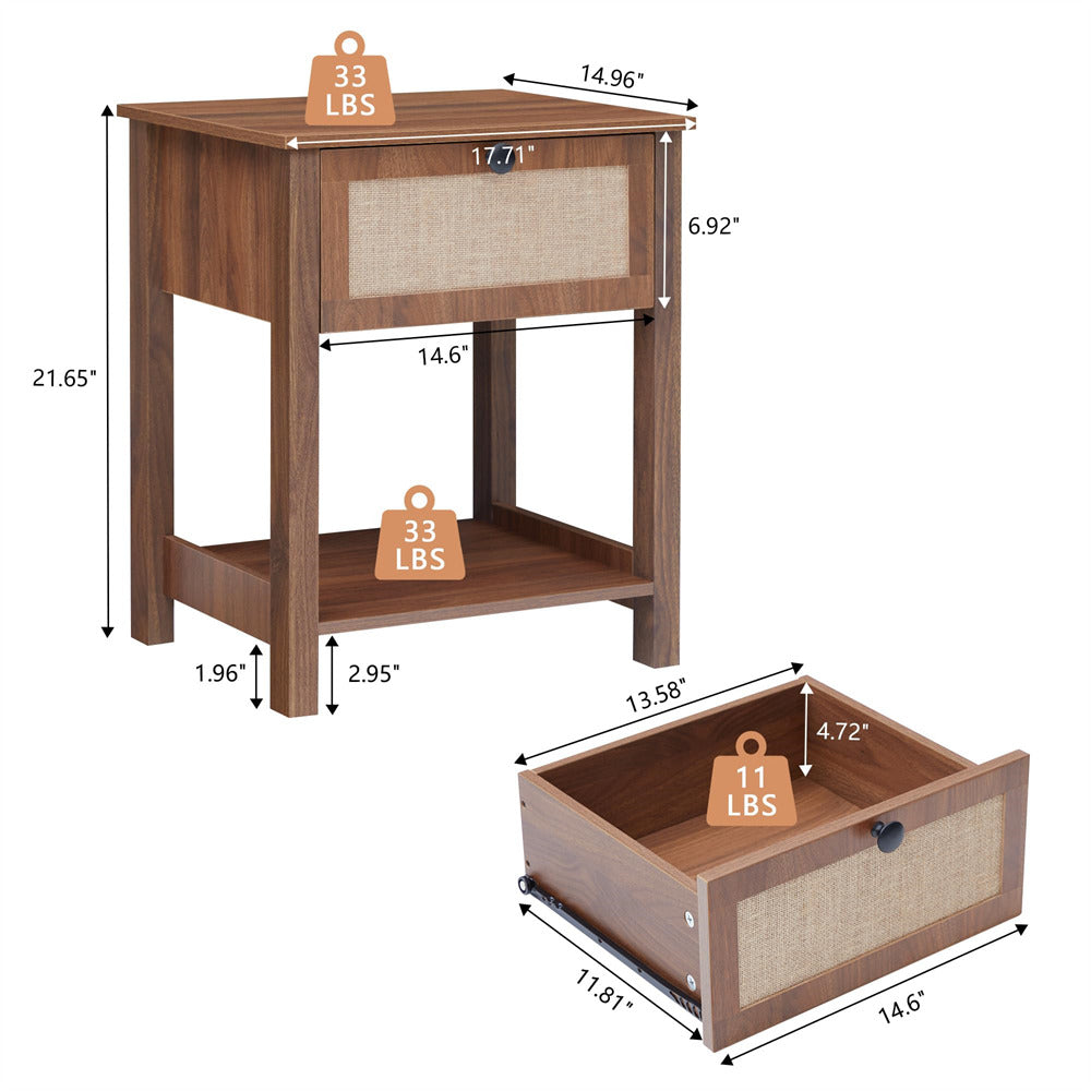 Walnut 21.65" H Modern Wood Nightstand End Table with Flax Finish and Drawer