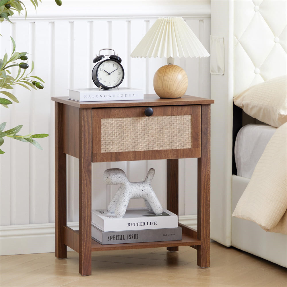 Walnut 21.65" H Modern Wood Nightstand End Table with Flax Finish and Drawer