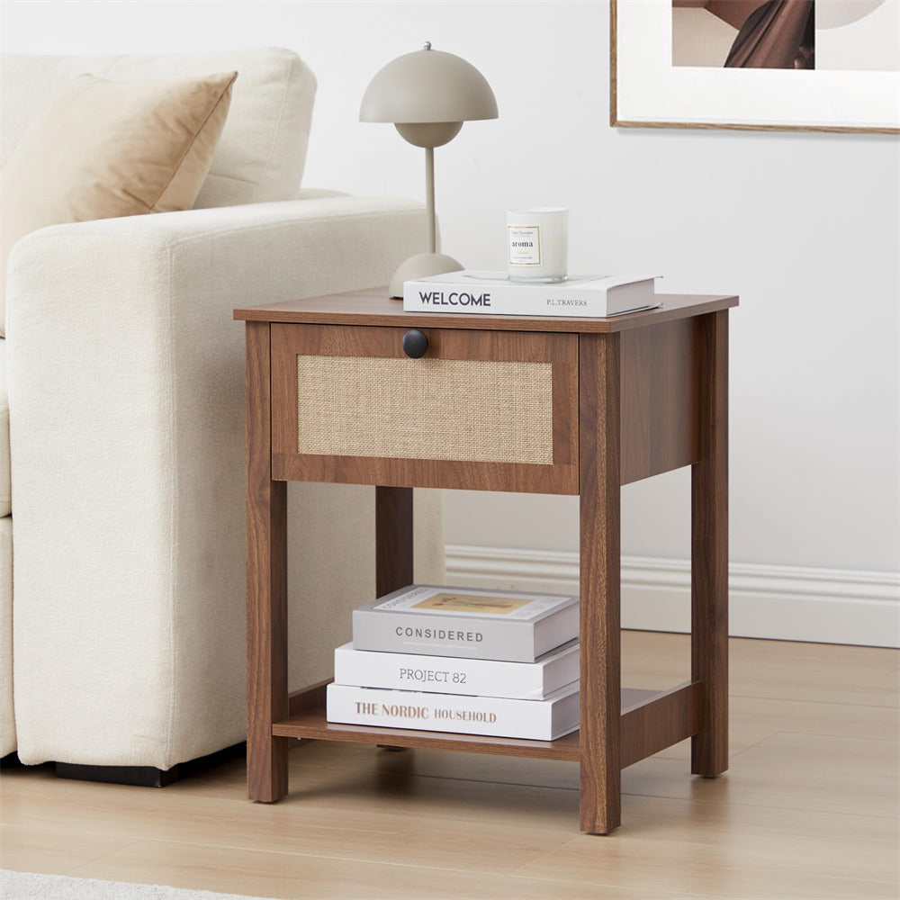 Walnut 21.65" H Modern Wood Nightstand End Table with Flax Finish and Drawer