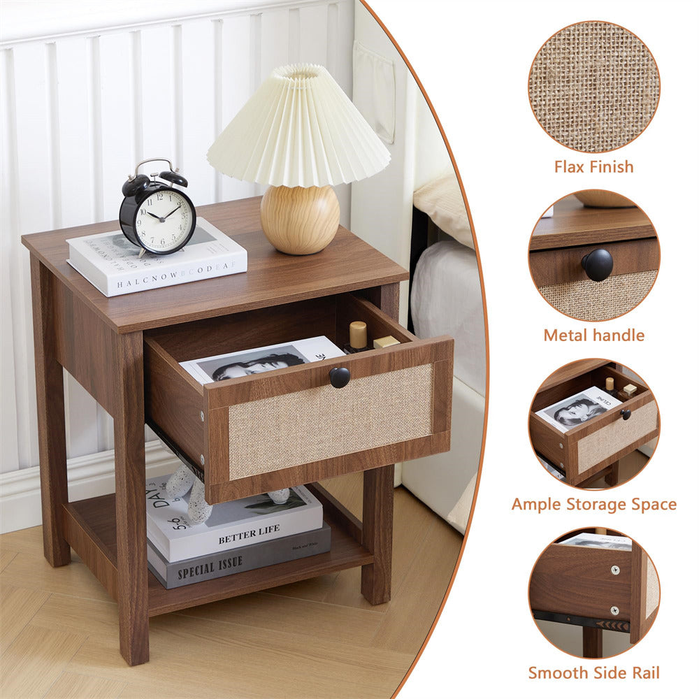 Walnut 21.65" H Modern Wood Nightstand End Table with Flax Finish and Drawer