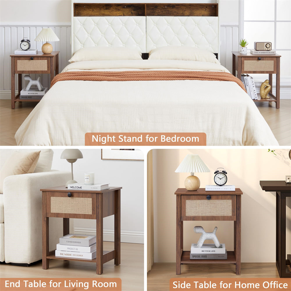 Walnut 21.65" H Modern Wood Nightstand End Table with Flax Finish and Drawer