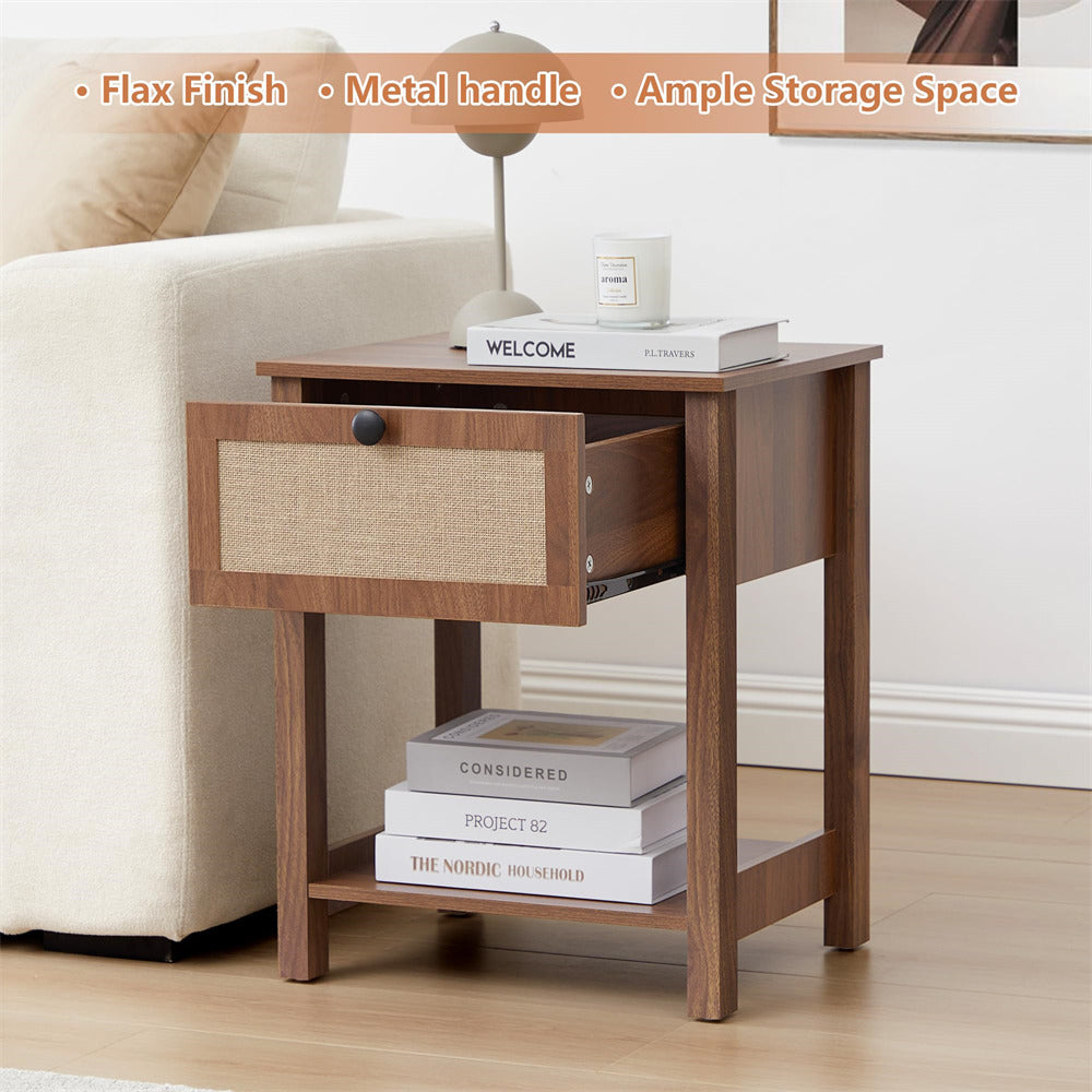 Walnut 21.65" H Modern Wood Nightstand End Table with Flax Finish and Drawer