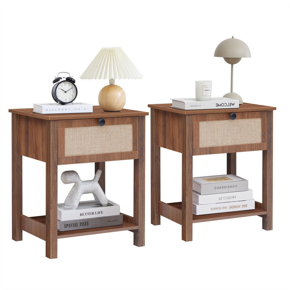Walnut 21.65" H Modern Wood Nightstand Set of 2 with Flax Finish and Drawer