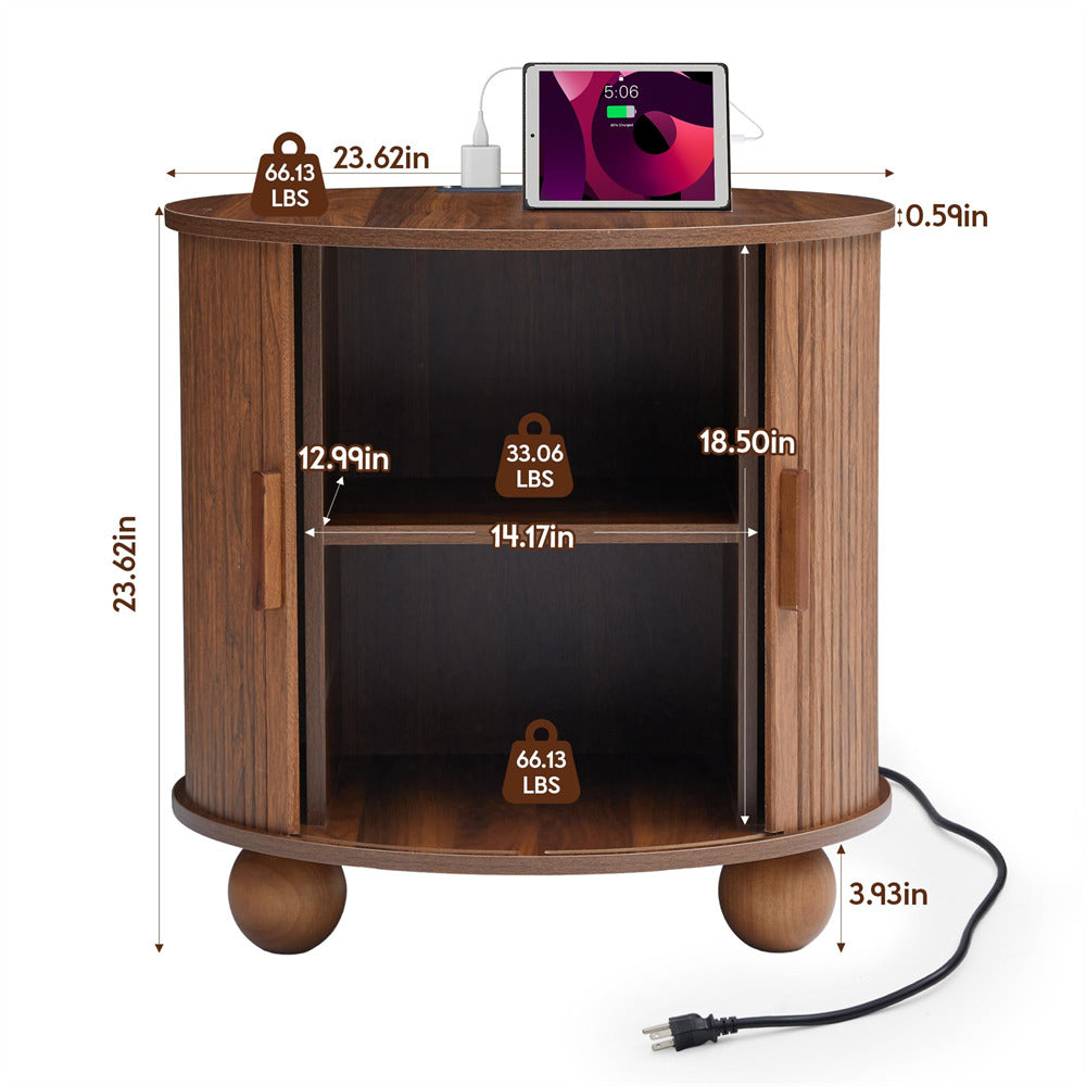 Wooden side table with dimensions and weight indicators, featuring a tablet on top.
