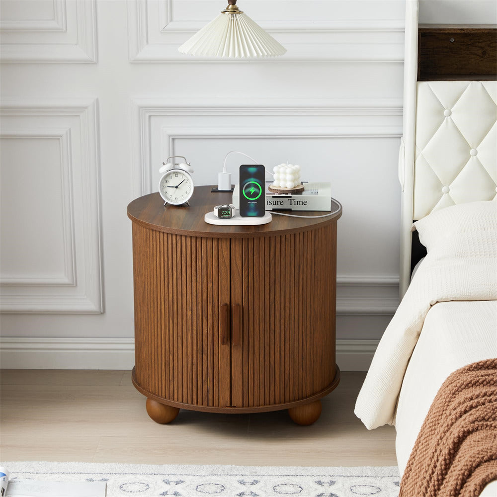 Wooden side table with decorative items in a bedroom setting