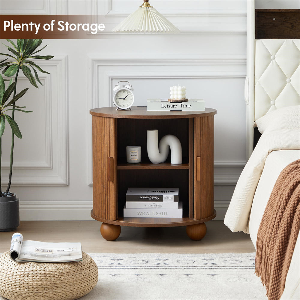 Wooden nightstand with storage shelves in a bedroom setting