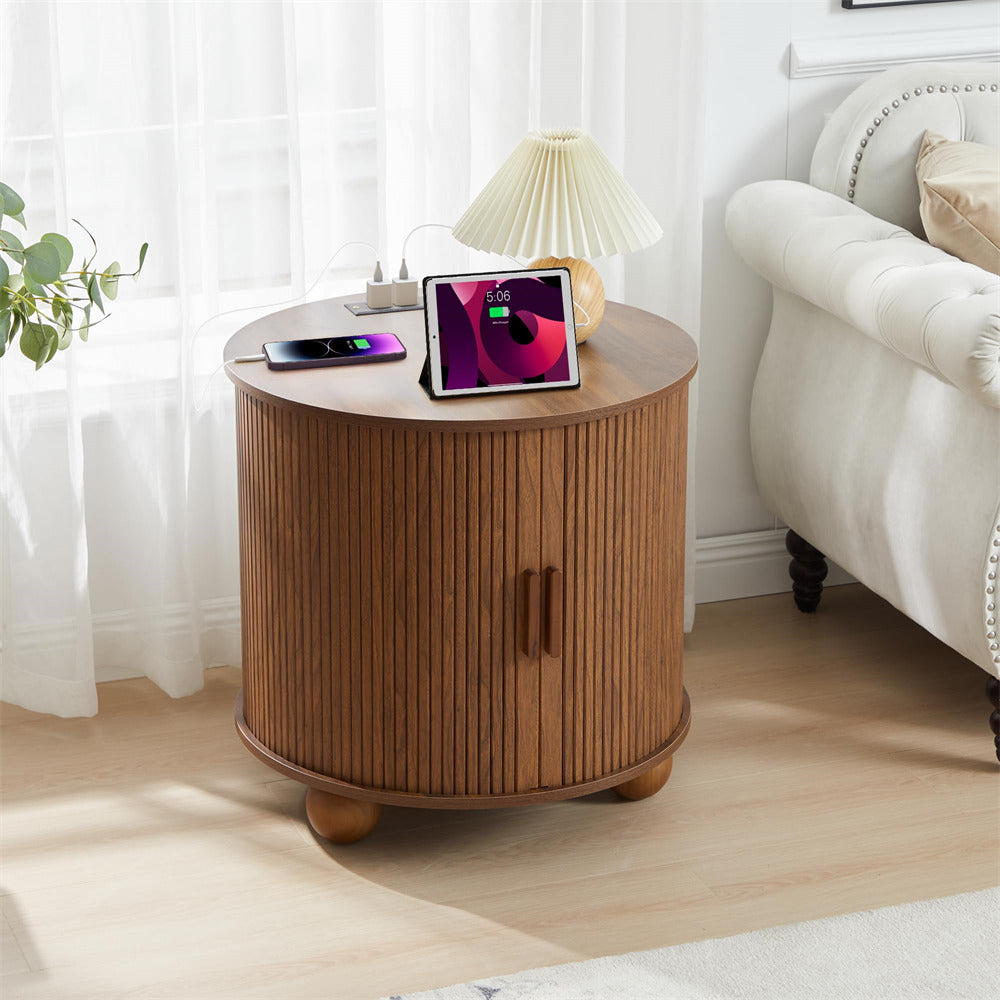 Wooden side table with a tablet on top in a living room setting