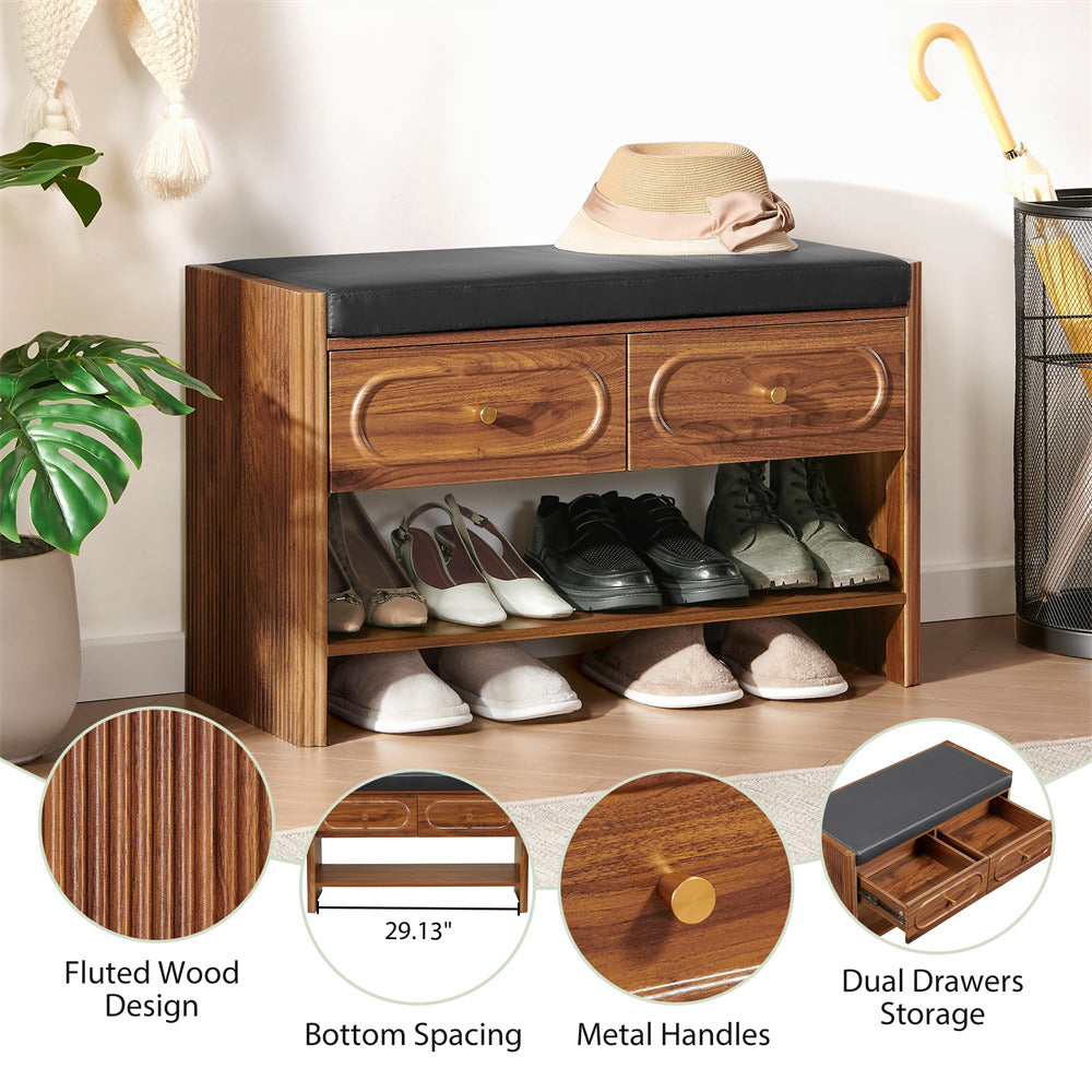 Wooden shoe storage bench with shoe shelves and drawers in a room setting.