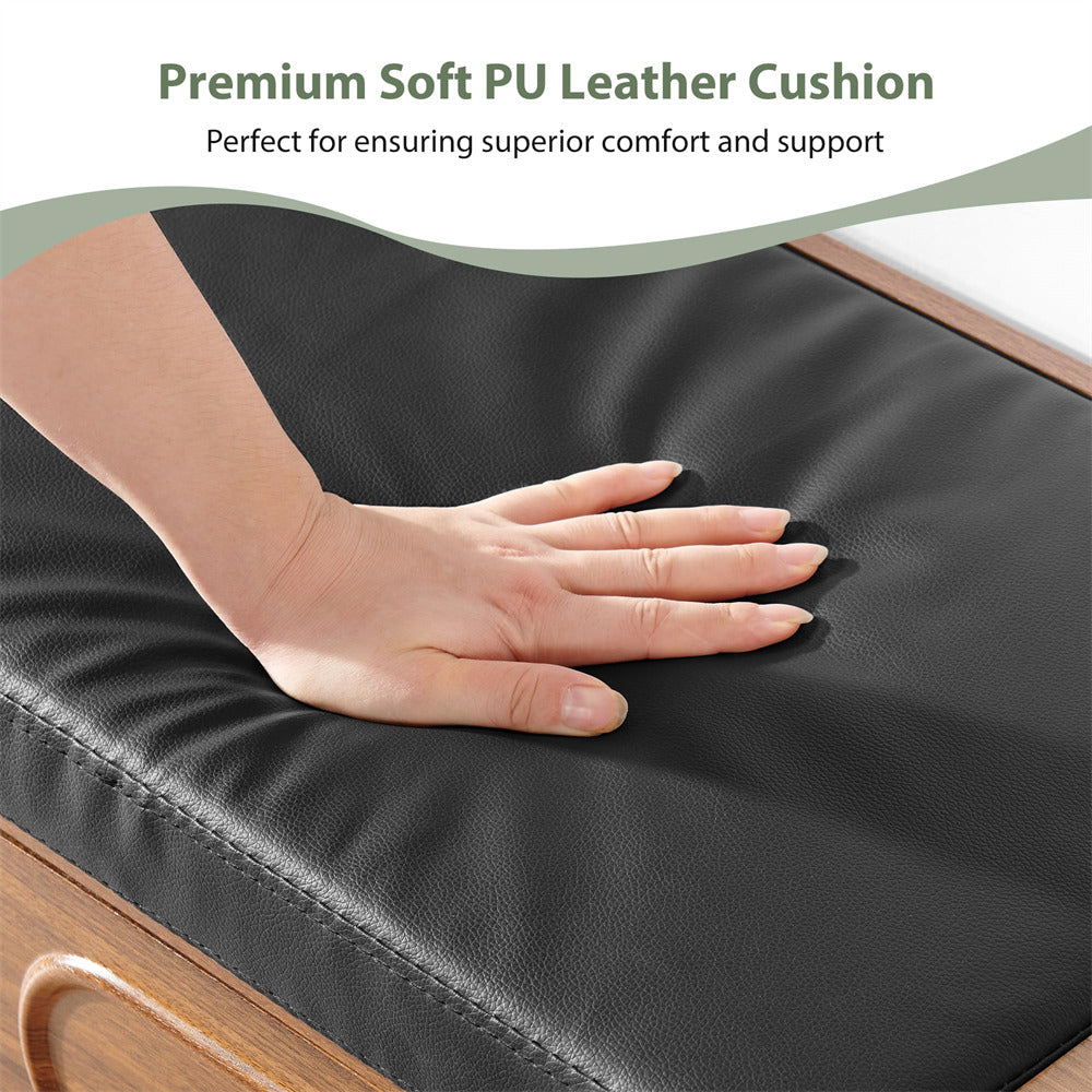 Black leather cushion with a hand pressing down on it, labeled as a premium soft PU leather cushion.