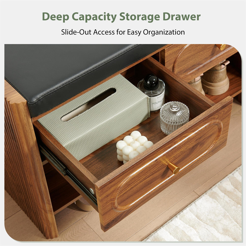 Wooden storage bench with open drawer containing tissues, bottles, and other items.