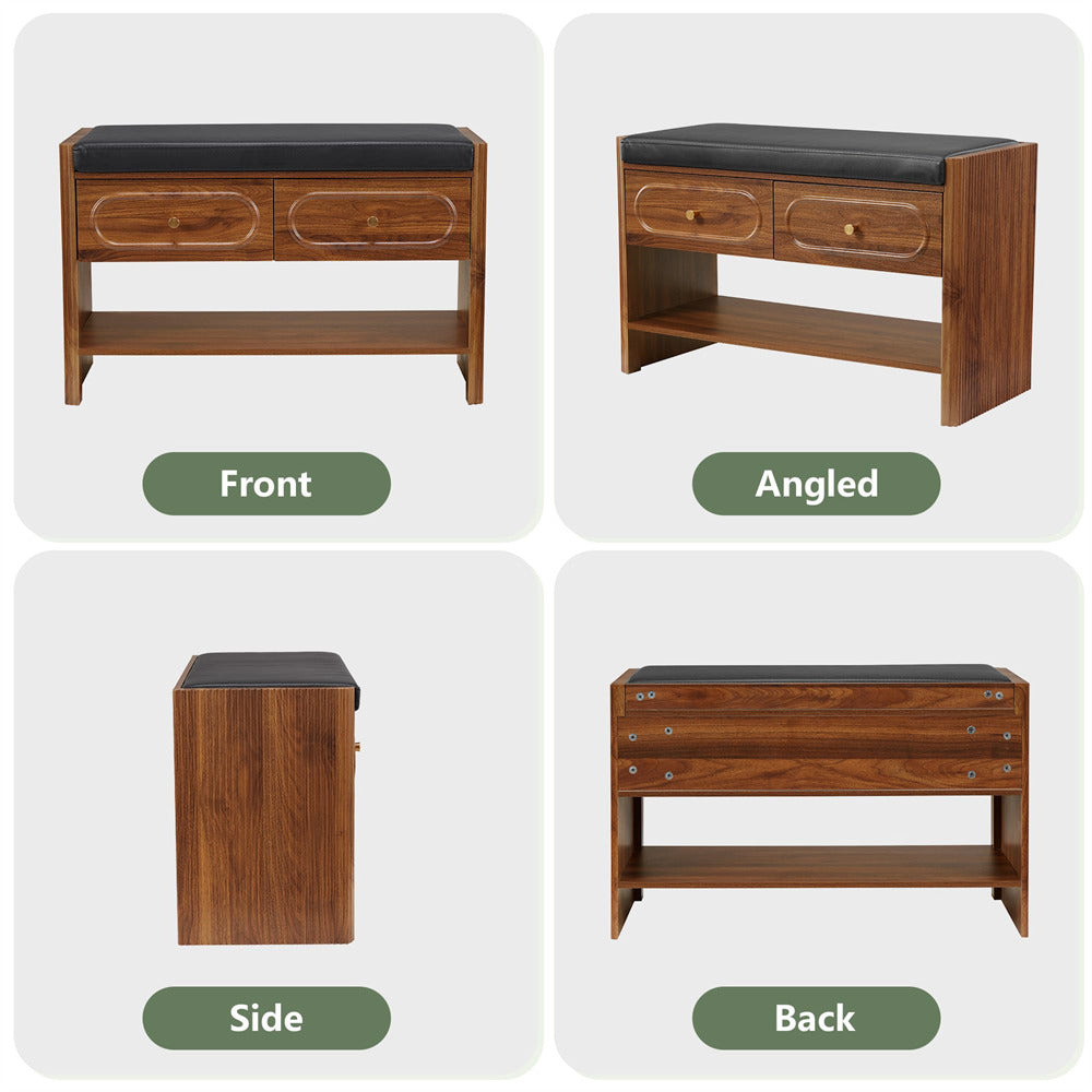 Wooden bench with black cushion shown from front, angled, side, and back views on a white background.