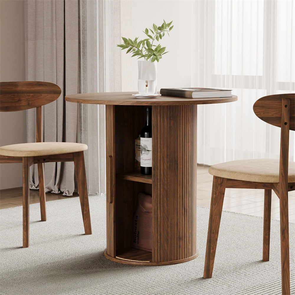 Wooden dining table with storage shelves in a room with curtains and chairs.