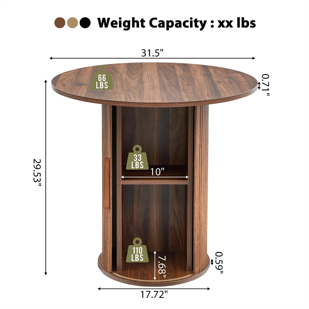Wooden round table with weight capacity and dimensions displayed