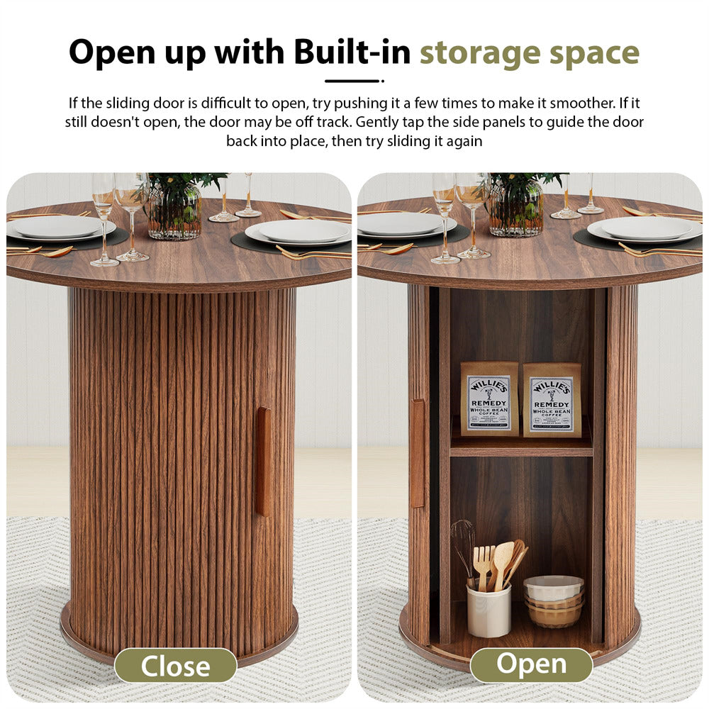 Wooden dining table with sliding door design, open to reveal storage space.