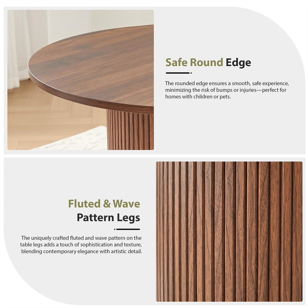 Wooden table with fluted and wave pattern legs and safe round edge design.