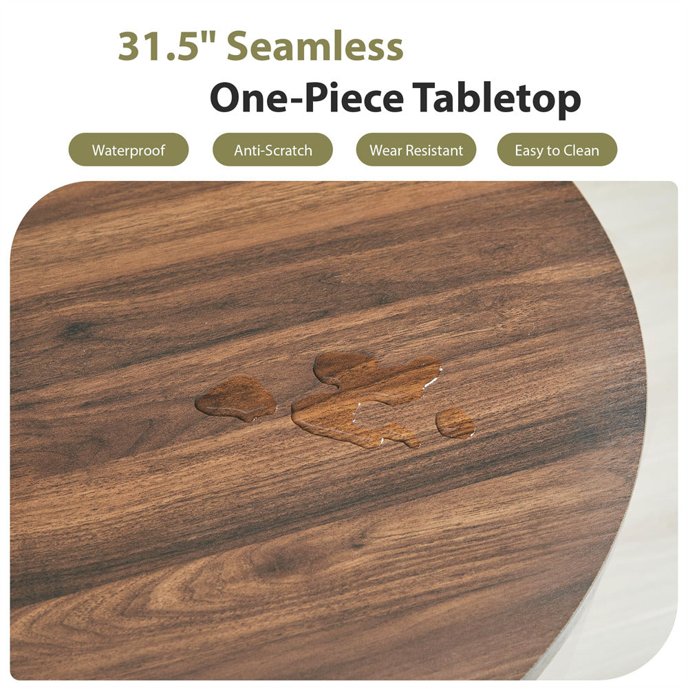 Wooden tabletop with water droplet and scratch, labeled as waterproof, anti-scratch, wear-resistant, and easy to clean.