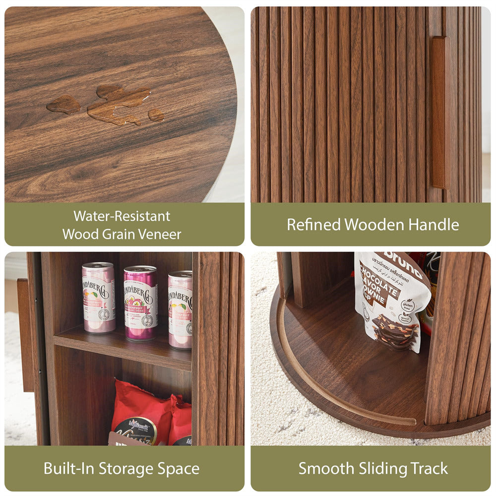 Collage of a wooden storage unit with features highlighted.