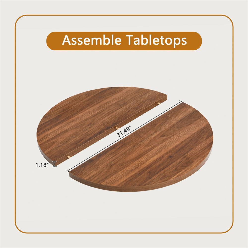 Wooden round table top with dimensions on a light gray background