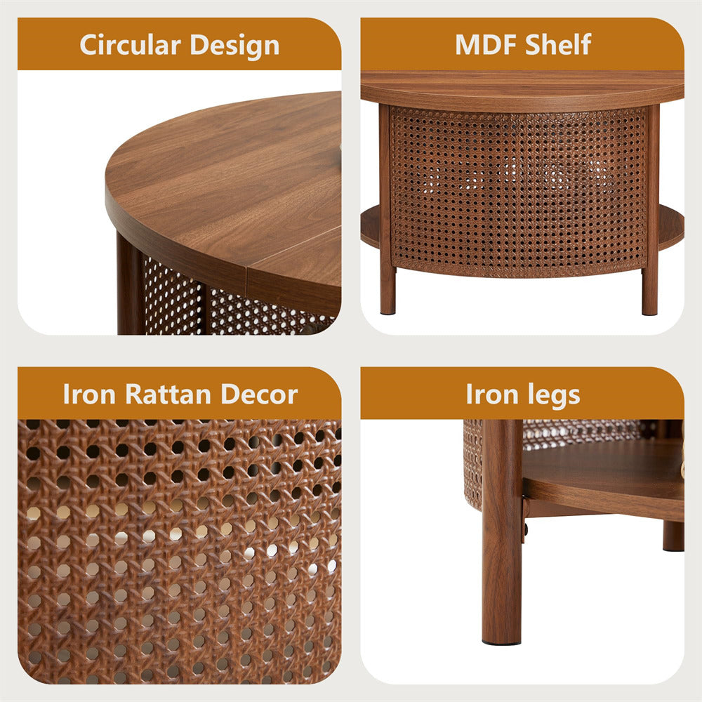 Wooden table with circular design, MDF shelf, iron rattan decor, and iron legs on a white background.