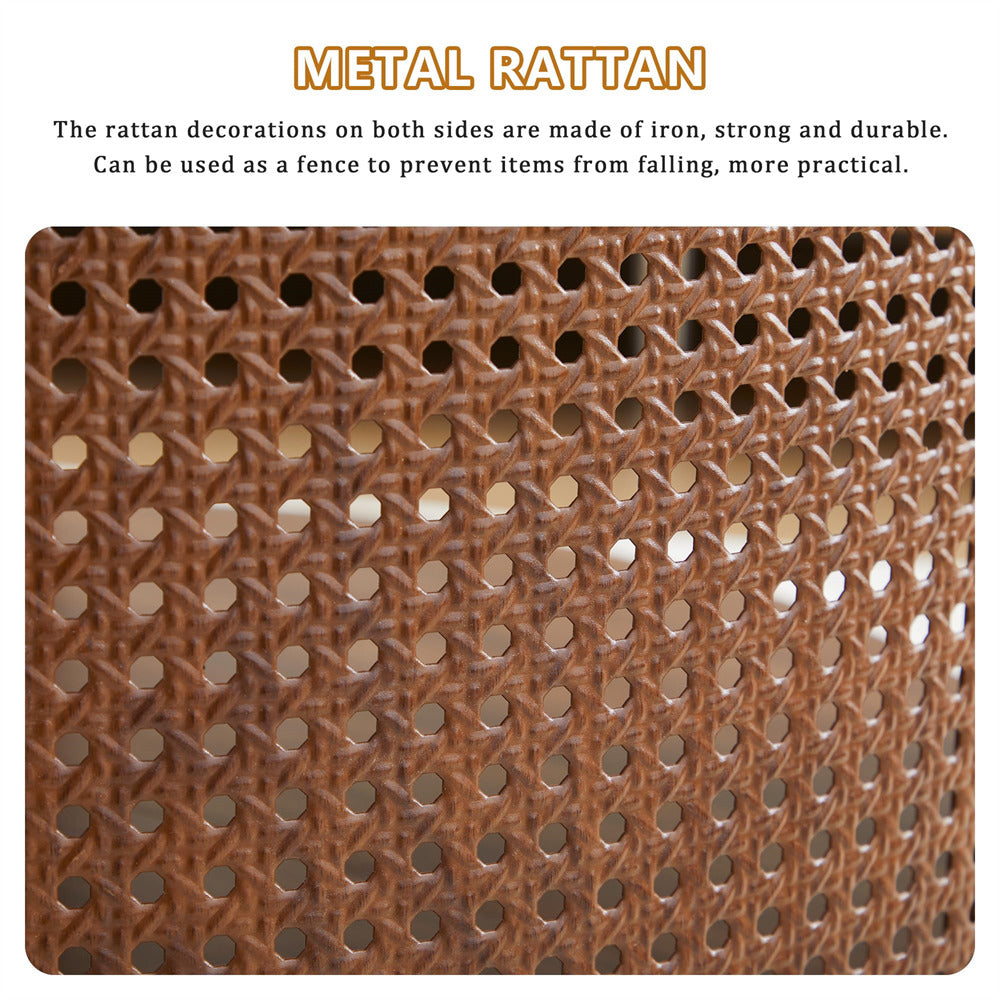 Metal rattan design with text describing its strength and practical use.