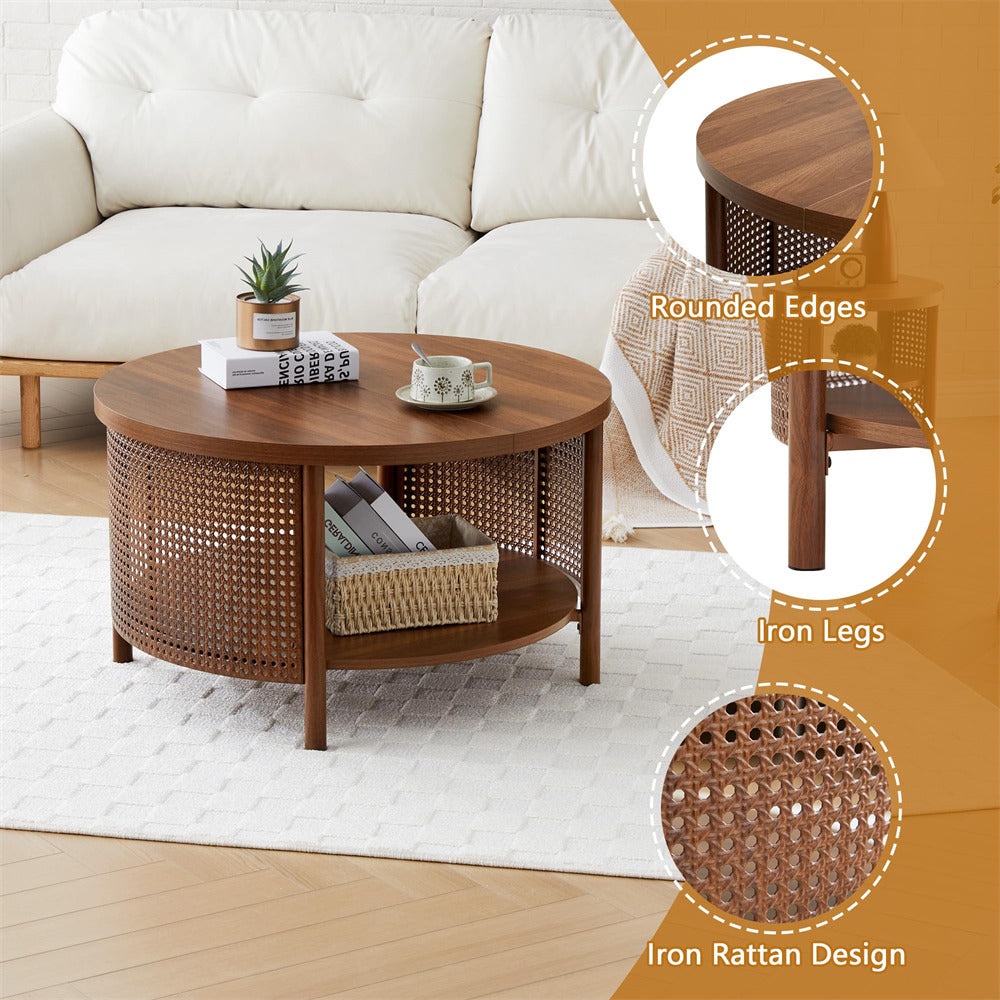 Wooden coffee table with rattan design in a living room setting