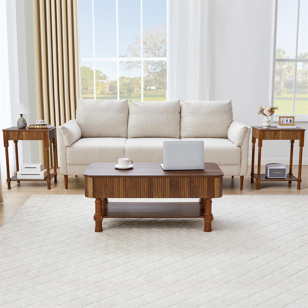 Living room with a beige sofa, wooden coffee table, and side tables.