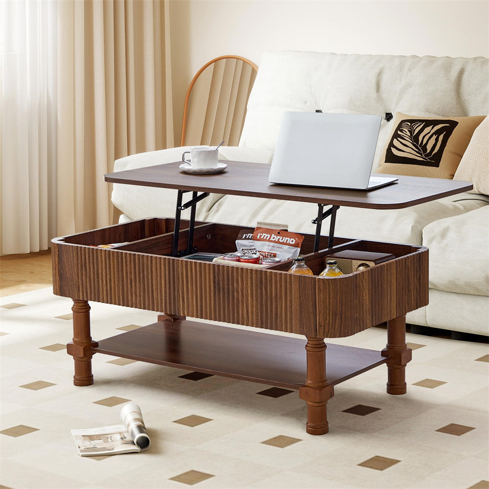 Walnut Wooden coffee table with lift-top design in a living room setting