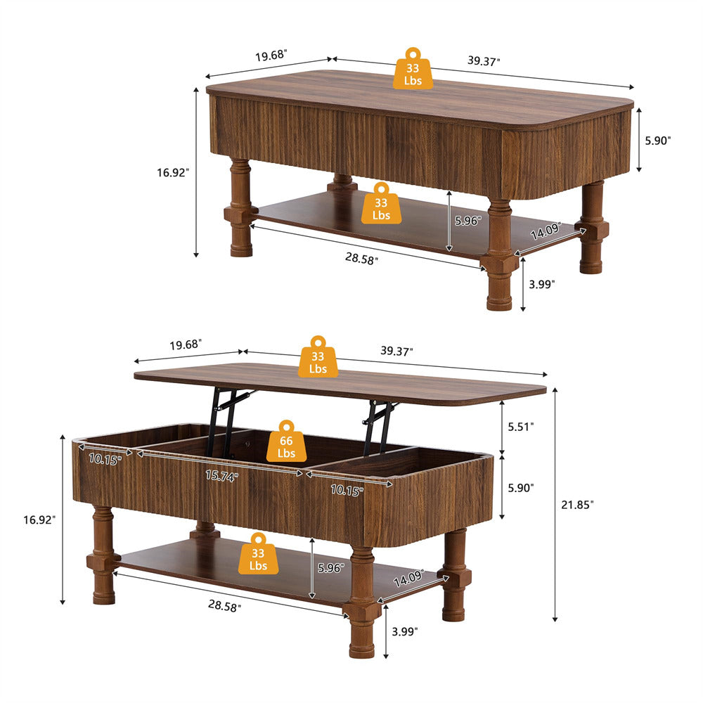 Wooden coffee table with dimensions and weight indicators on a white background