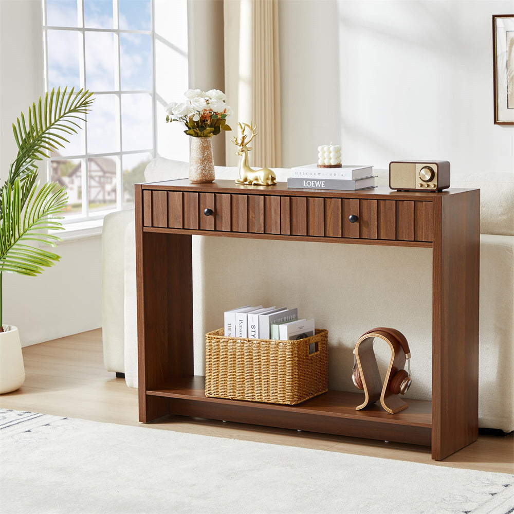Walnut 43.3" Mid Century Entryway Sofa Console Table with Fluted Drawers and Storage
