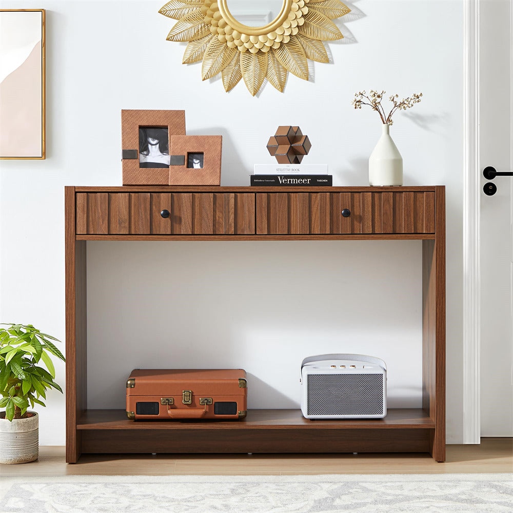 Walnut 43.3" Mid Century Entryway Sofa Console Table with Fluted Drawers and Storage