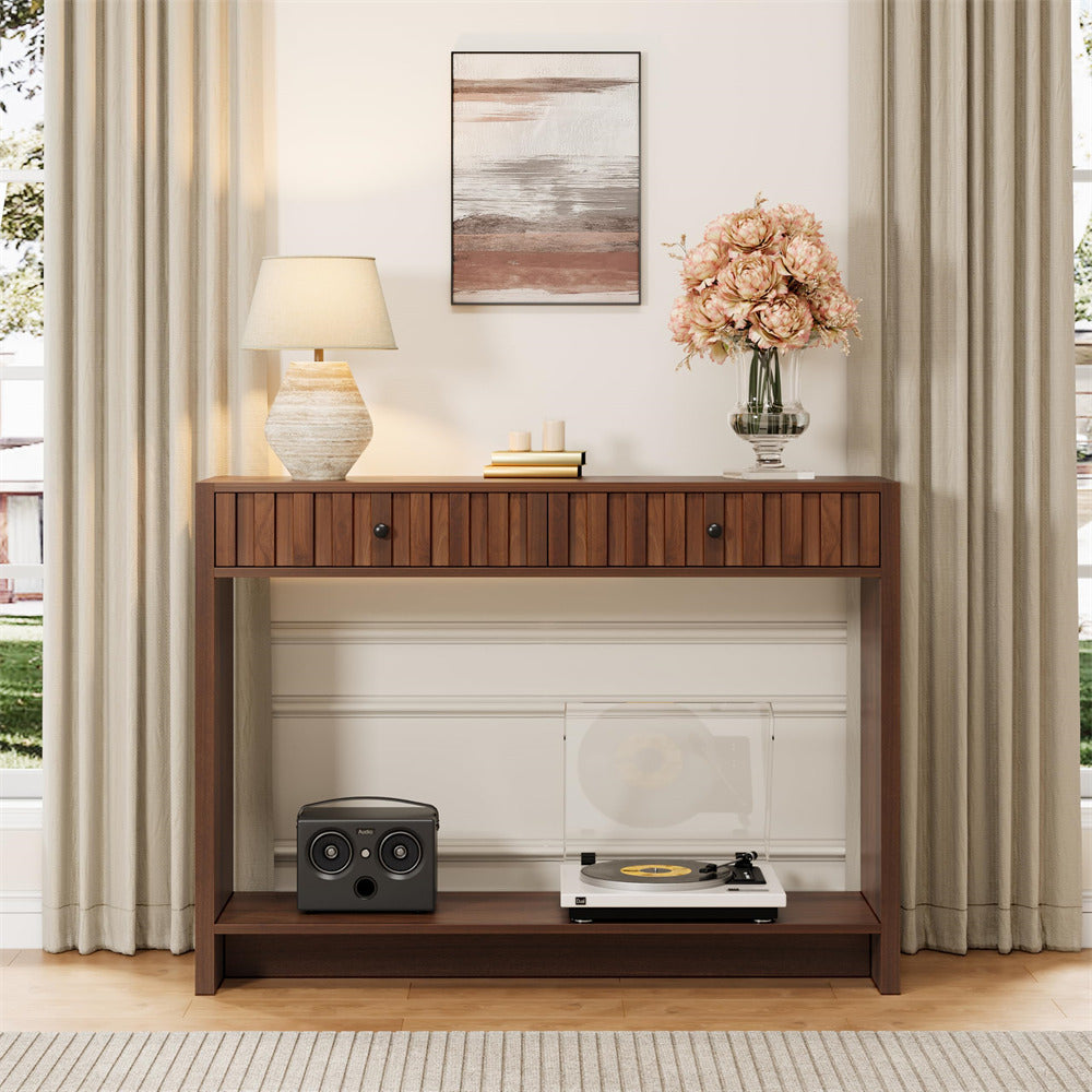 Walnut 43.3" Mid Century Entryway Sofa Console Table with Fluted Drawers and Storage