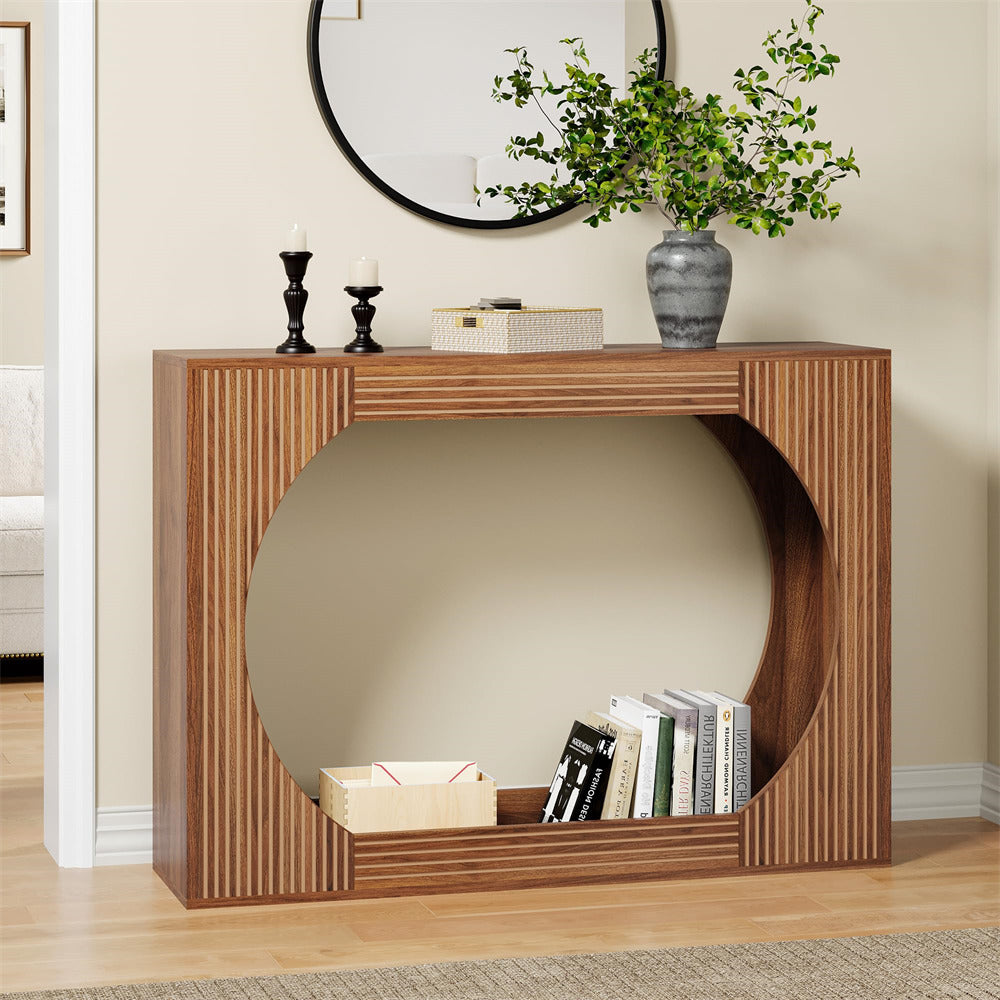 Walnut 43.3" Modern Wooden Rectangular Entryway Console Table with Storage and Carving Lines
