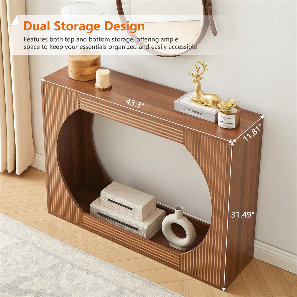 Walnut 43.3" Modern Wooden Rectangular Entryway Console Table with Storage and Carving Lines