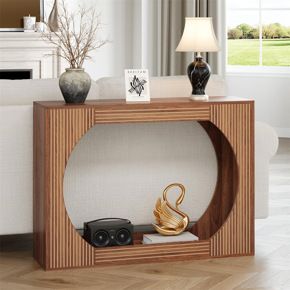 Walnut 43.3" Modern Wooden Rectangular Entryway Console Table with Storage and Carving Lines