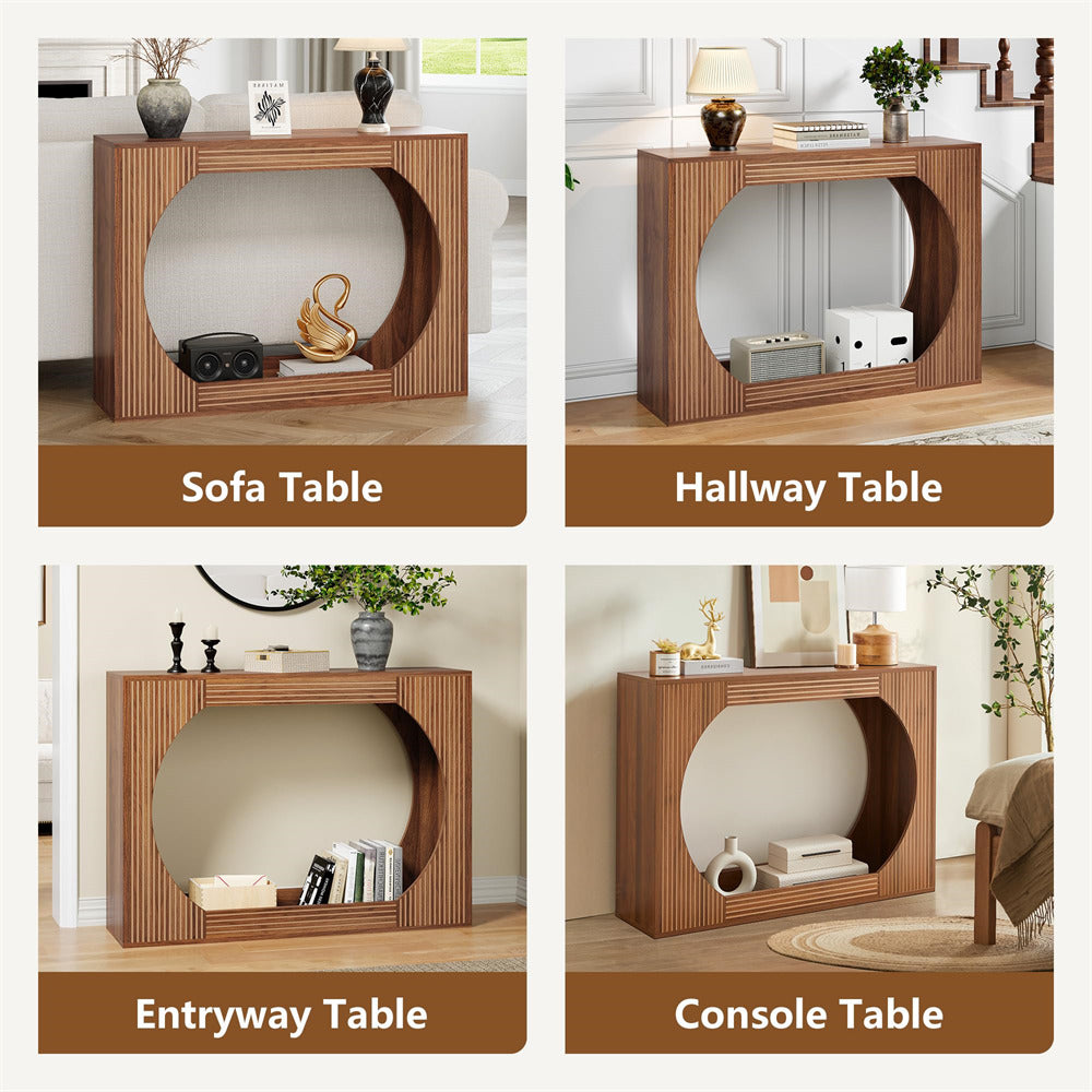 Walnut 43.3" Modern Wooden Rectangular Entryway Console Table with Storage and Carving Lines